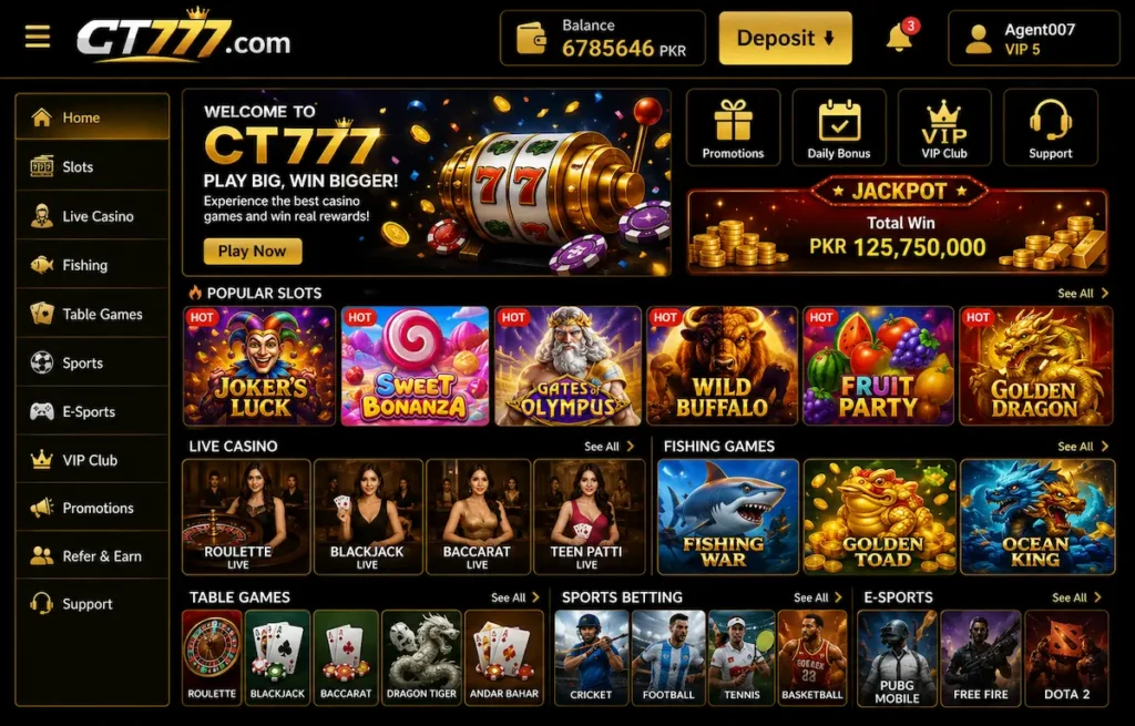 tc777 homepage game lobby interface showing slot games, live casino, fishing games, table games, sports betting, promotions, jackpot banner, and user balance dashboard.